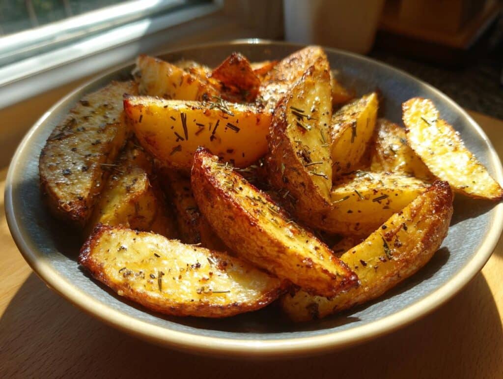 Close-up of perfectly baked potato wedges seasoned with herbs and salt, served in a bowl.
