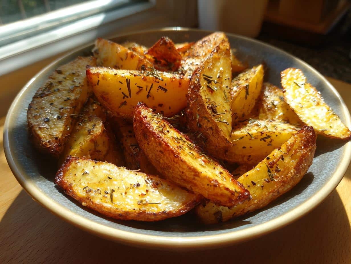 Close-up of perfectly baked potato wedges seasoned with herbs and salt, served in a bowl.