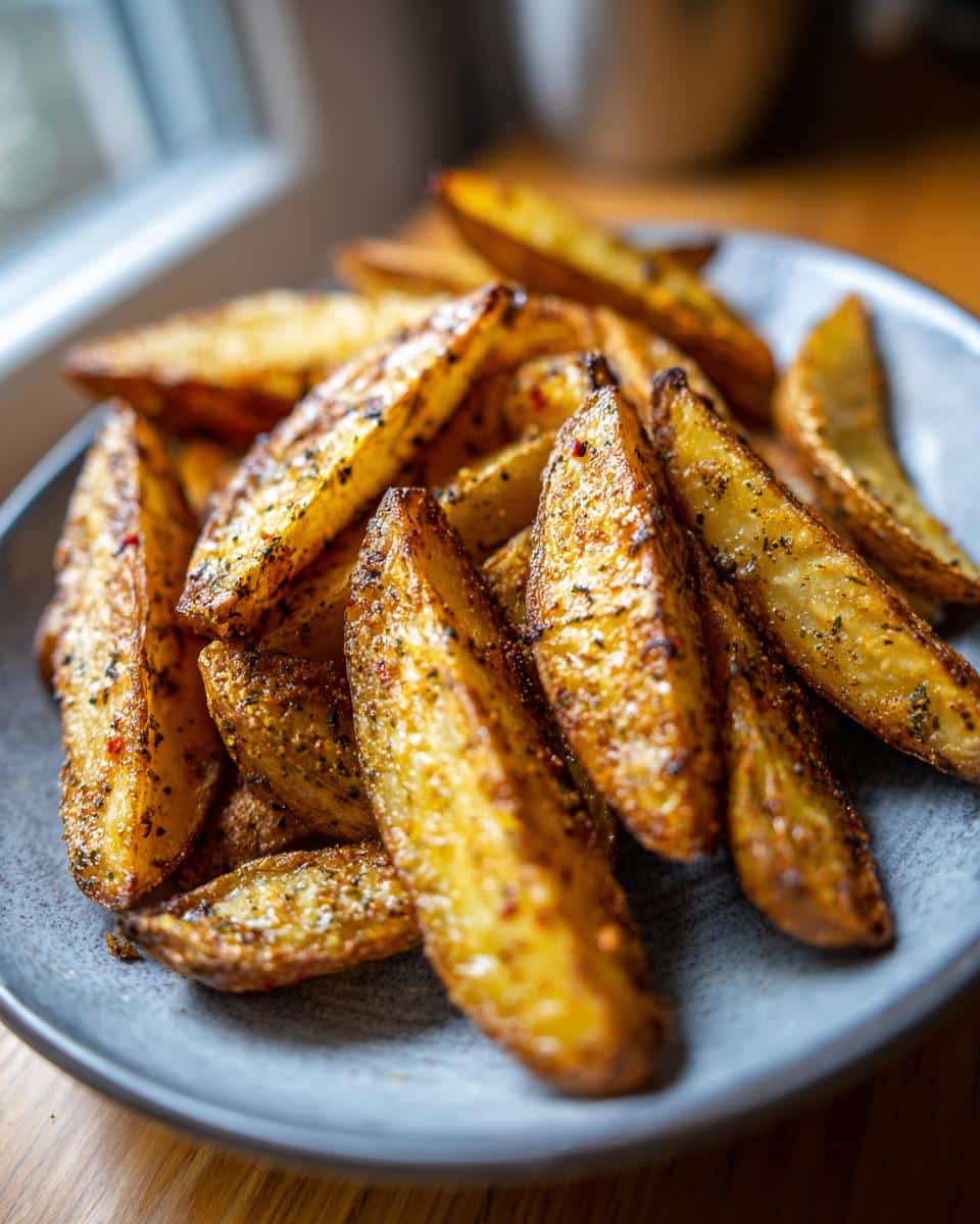 Close-up of perfectly potato wedges baked, seasoned with herbs and spices, piled high on a grey plate.