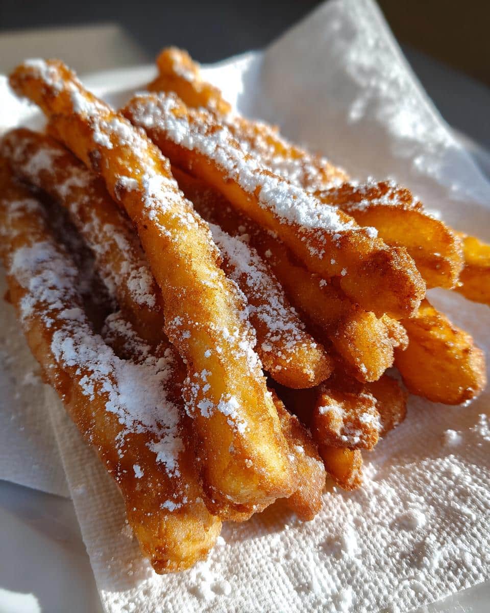 A pile of golden cookie fries dusted with powdered sugar on a white napkin.