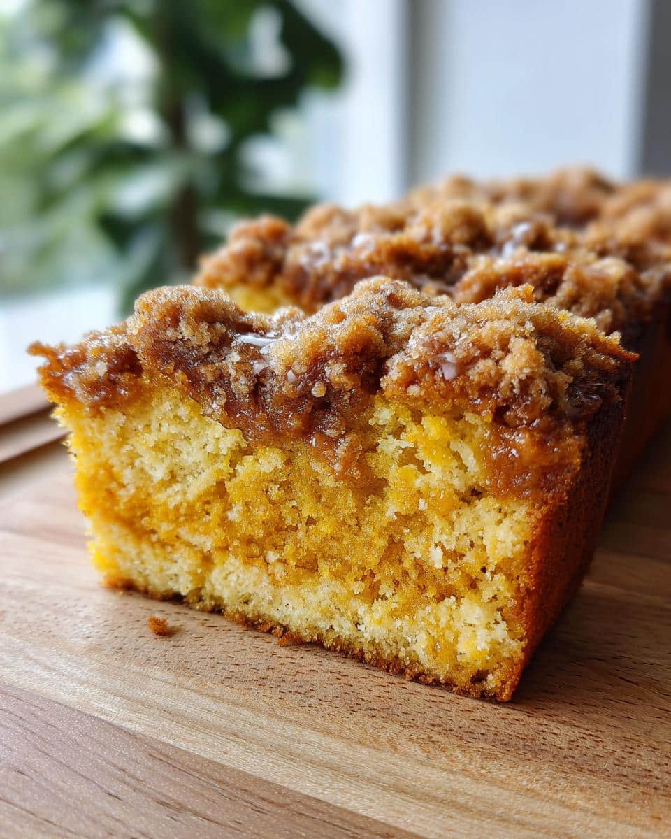A close-up of a slice of moist pumpkin coffee cake with a crumbly cinnamon topping.