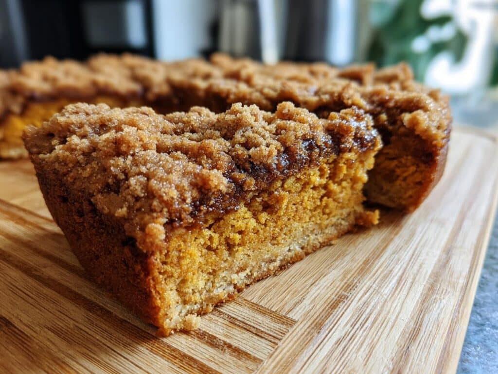 A close-up of a moist slice of pumpkin coffee cake with a crumb topping on a wooden cutting board.