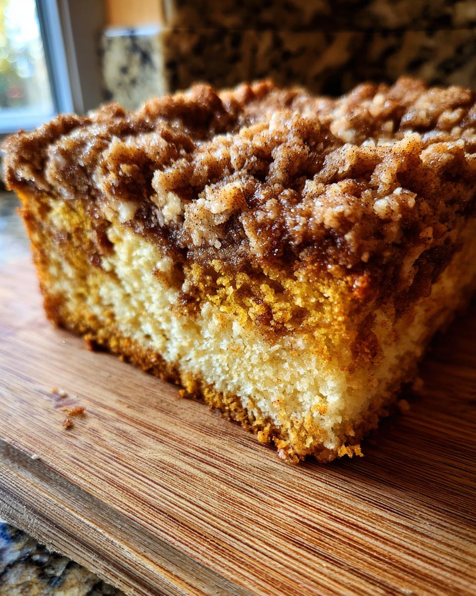 A close-up view of a slice of delicious pumpkin coffee cake with a crumb topping on a wooden board.