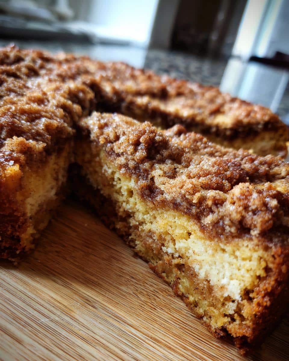 A close-up shot of a slice of delicious pumpkin coffee cake with a crumb topping on a wooden board.