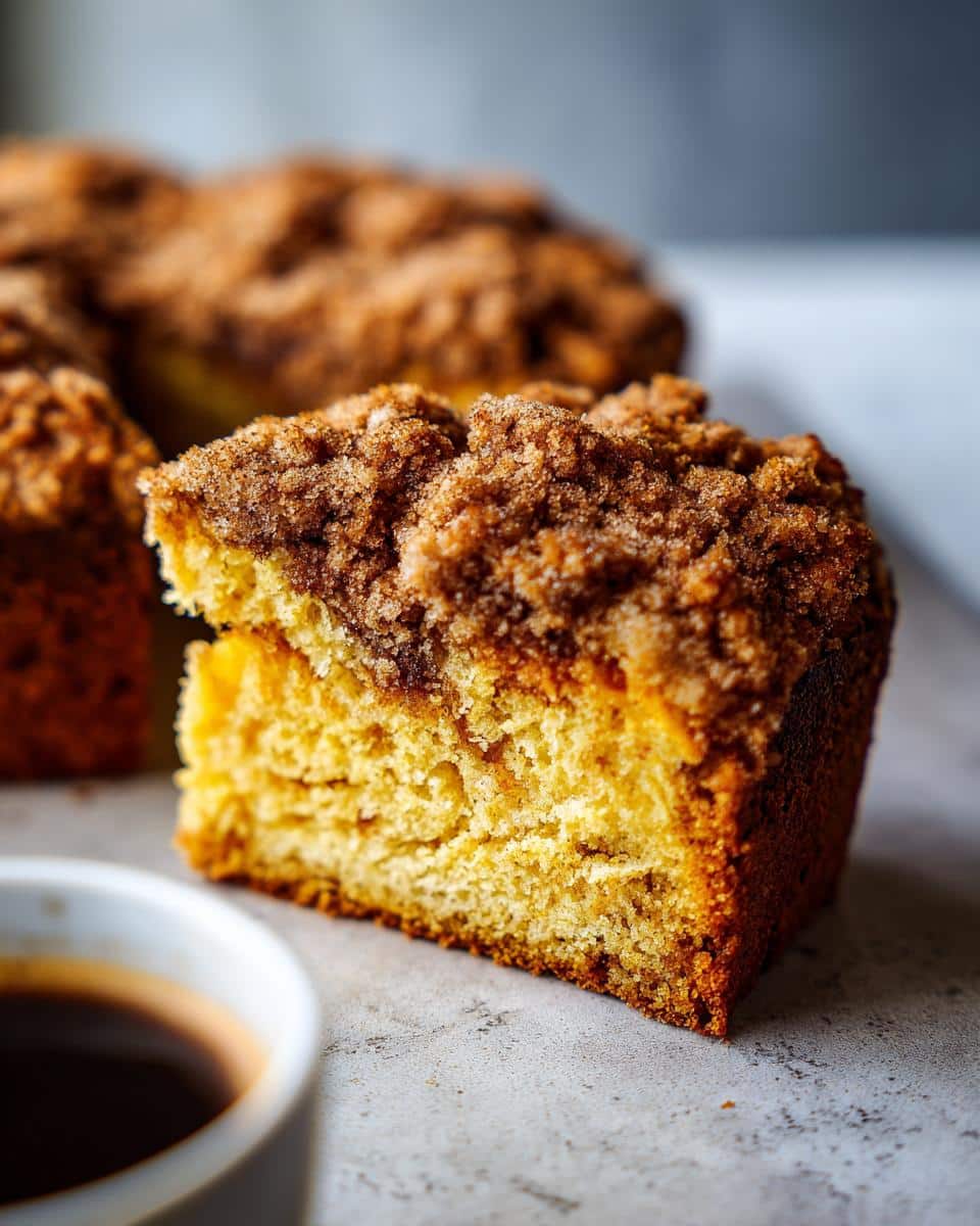 A close-up of a moist slice of pumpkin coffee cake topped with cinnamon streusel, next to a cup of coffee.