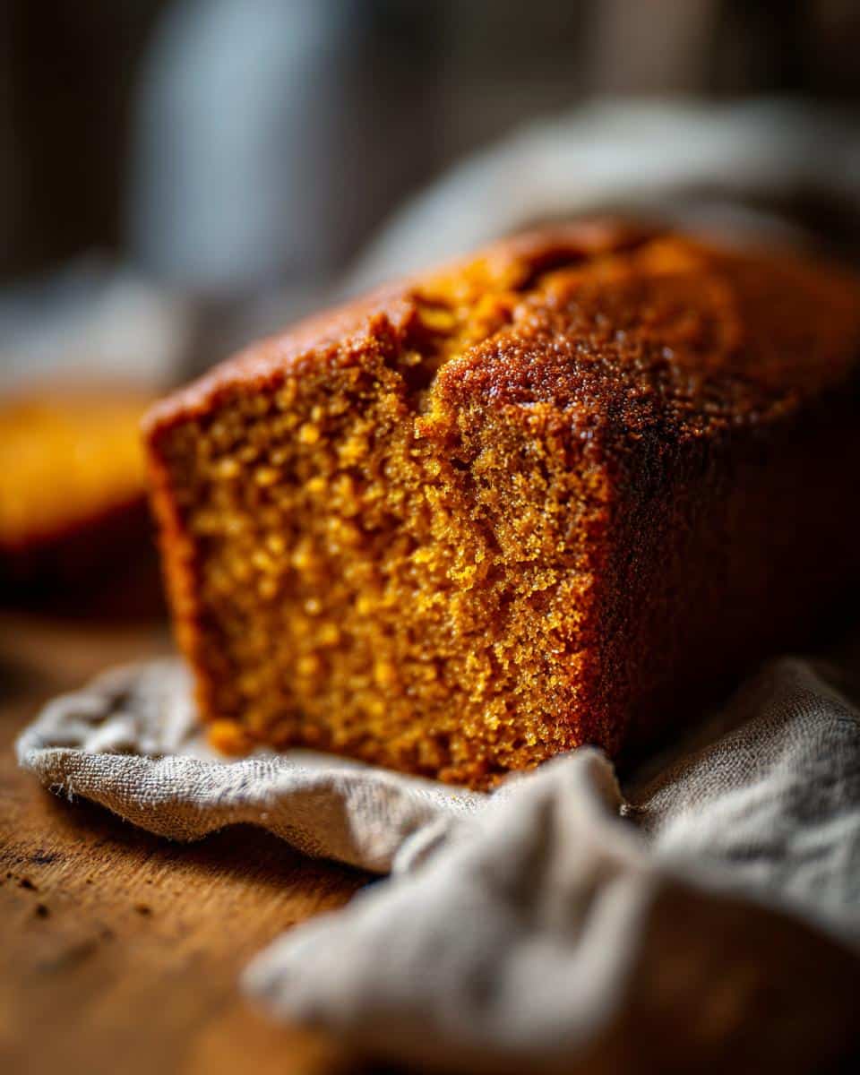 Close-up of a freshly baked Pumpkin magic cake loaf on a wooden surface with a linen cloth.