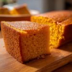 A slice of pumpkin magic cake on a wooden board, showcasing its moist texture and golden color.