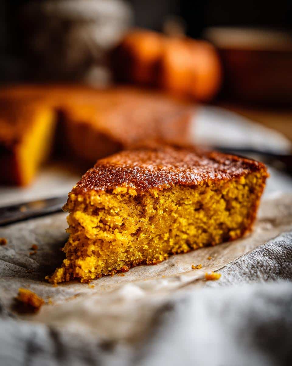 A slice of pumpkin magic cake on parchment paper, showing the texture and color.