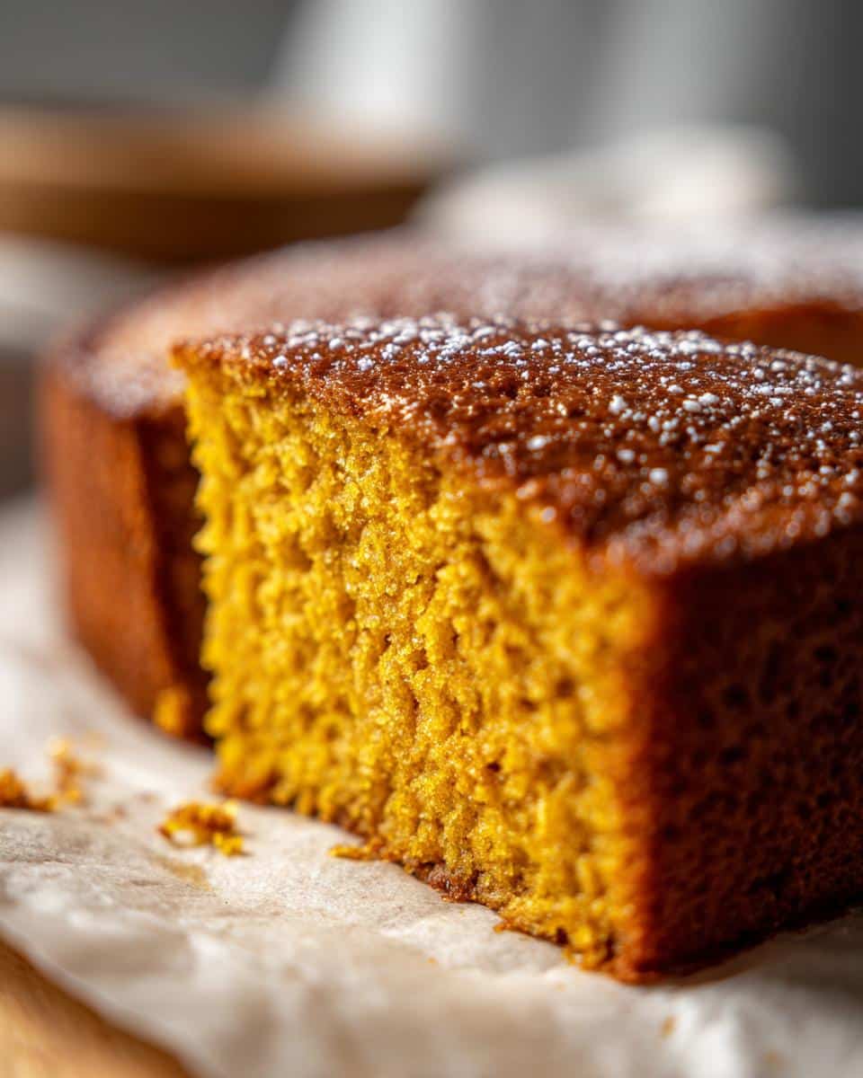 Close-up of a slice of Pumpkin magic cake dusted with powdered sugar on parchment paper.