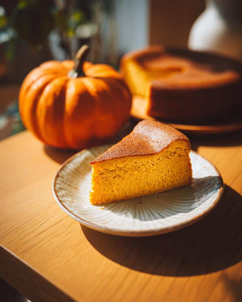 A slice of pumpkin magic cake on a plate, with a whole pumpkin and the rest of the cake in the background.