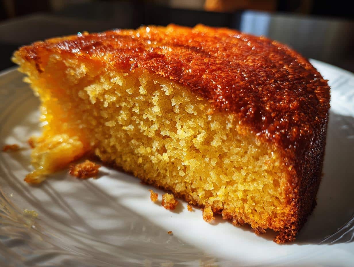 A single slice of golden-brown pumpkin magic cake on a white plate, showcasing its texture.