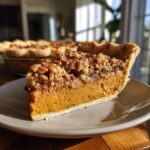 A close-up of a slice of Pumpkin Pecan Pie on a plate, showing the creamy filling and pecan crumble topping.