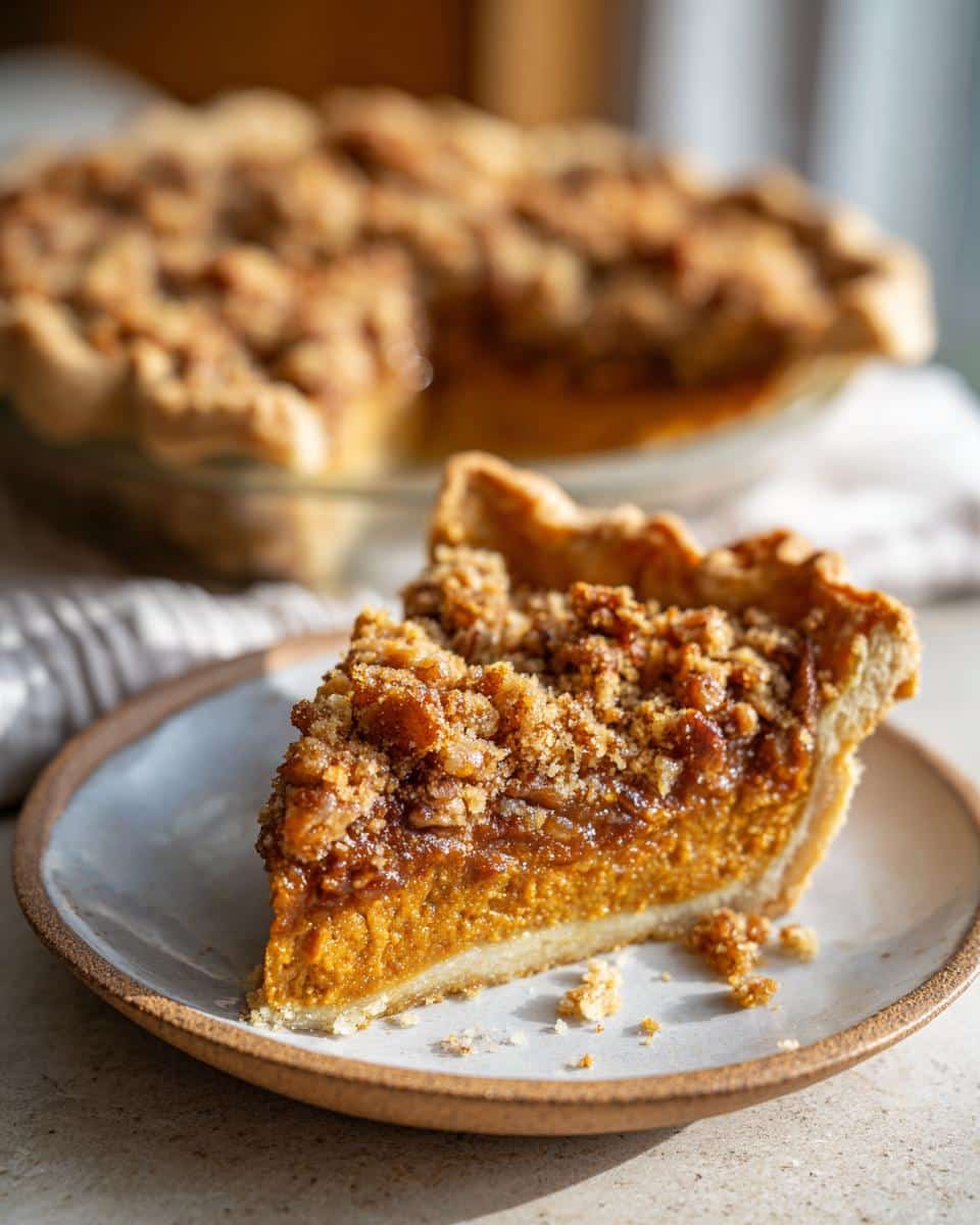 A close-up of a slice of Pumpkin Pecan Pie on a plate, showcasing the rich filling and crumb topping.