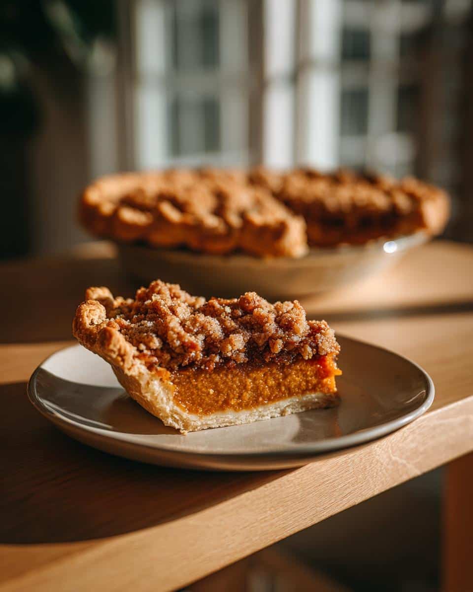 A close-up of a slice of Pumpkin Pecan Pie with a crumb topping on a plate.