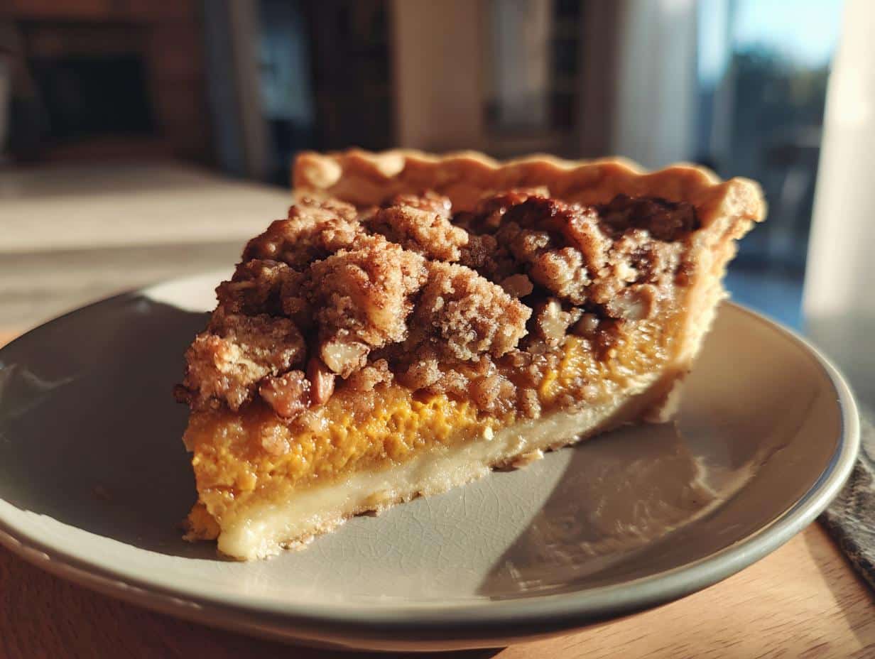 A delicious slice of Pumpkin Pecan Pie with a golden crust and crunchy pecan crumble topping, served on a grey plate.