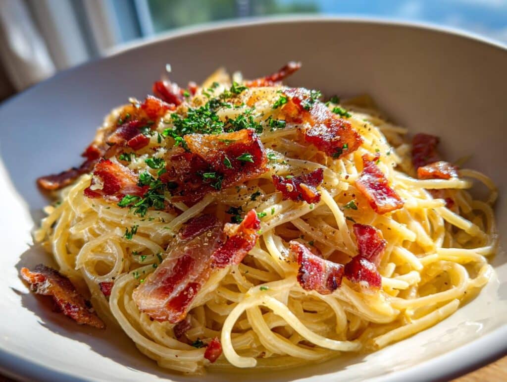 A bowl of creamy Ramen carbonara topped with crispy bacon and fresh parsley.