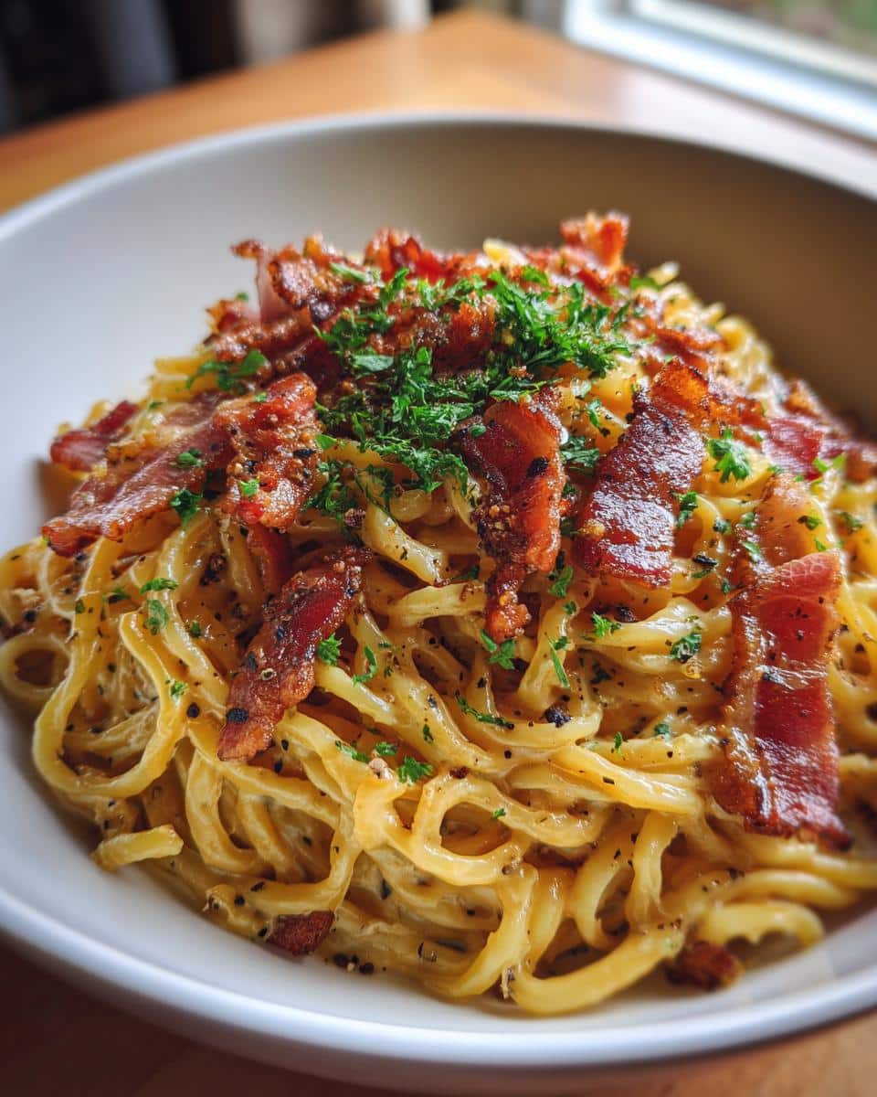 A delicious bowl of Ramen carbonara topped with crispy bacon and fresh parsley.