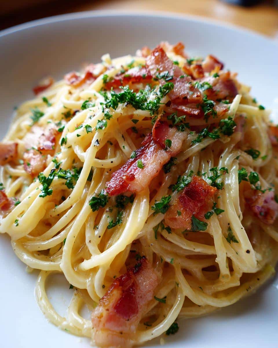 Close-up of Ramen carbonara topped with crispy bacon and fresh parsley.