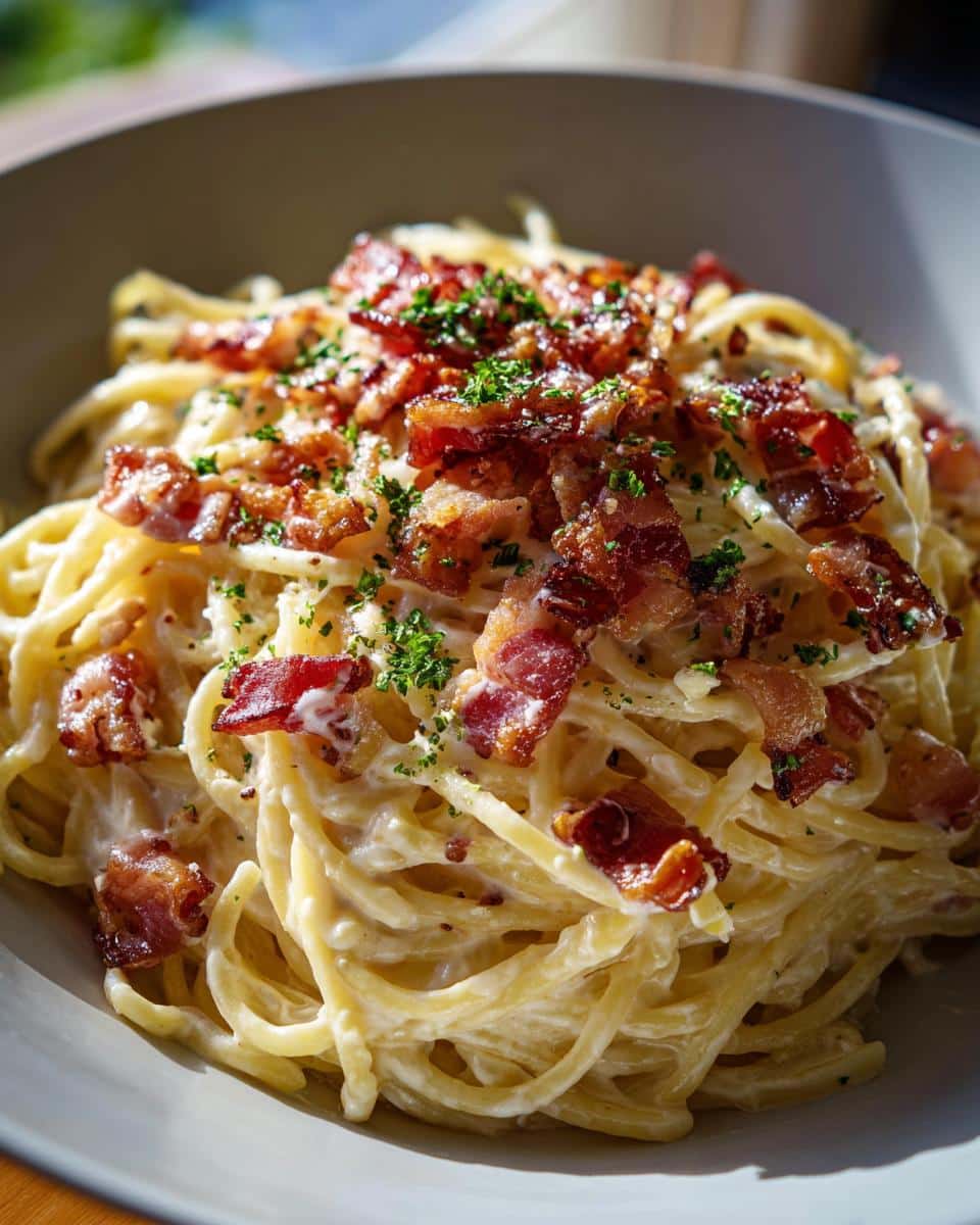 Close-up of Ramen carbonara in a bowl, topped with crispy bacon and fresh parsley.