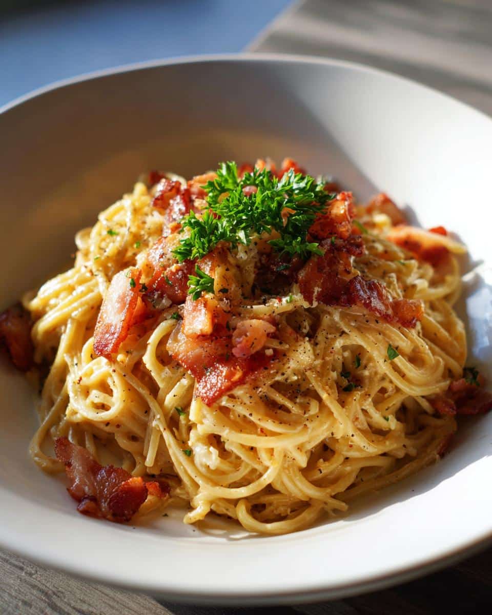 A bowl of creamy Ramen carbonara topped with crispy bacon and fresh parsley.
