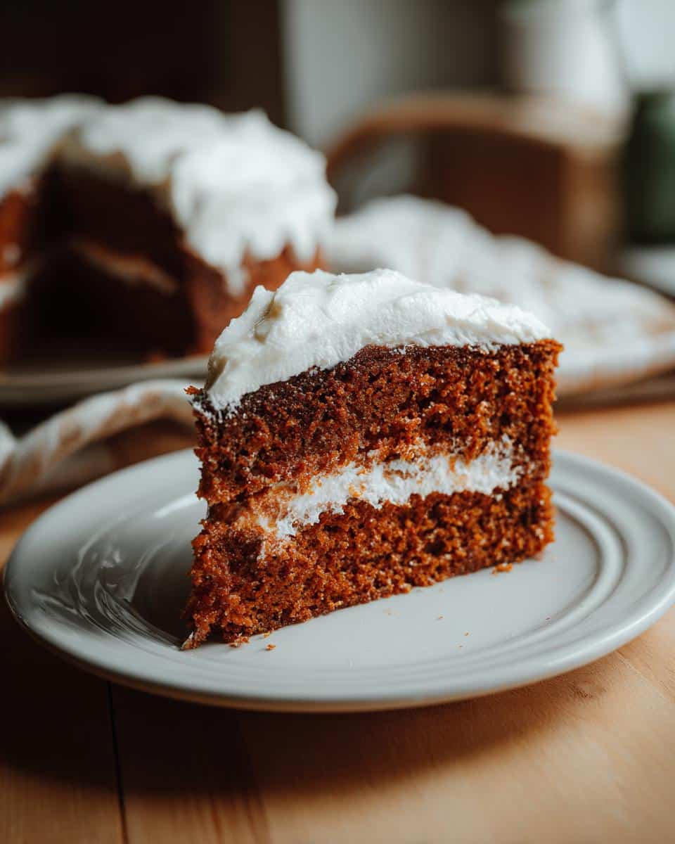 A slice of Rat cake with white frosting on a white plate, showcasing the cake's texture.