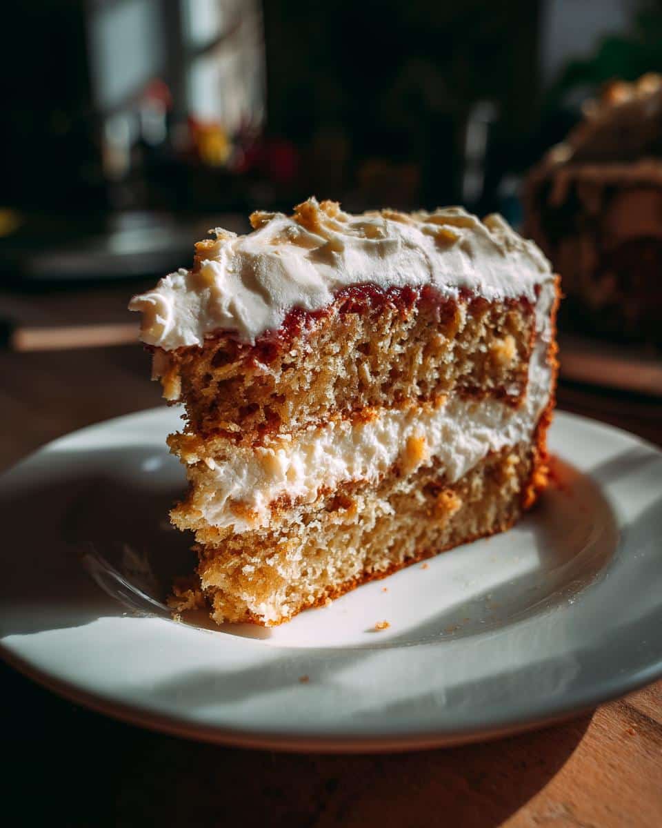 A slice of Rat cake with layers of cake, cream cheese frosting, and jam on a white plate.