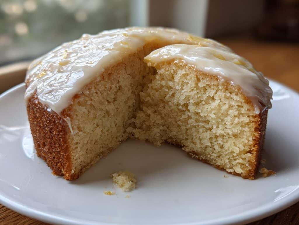 A slice of iced Rat cake on a white plate, showcasing the cake's texture and glaze.