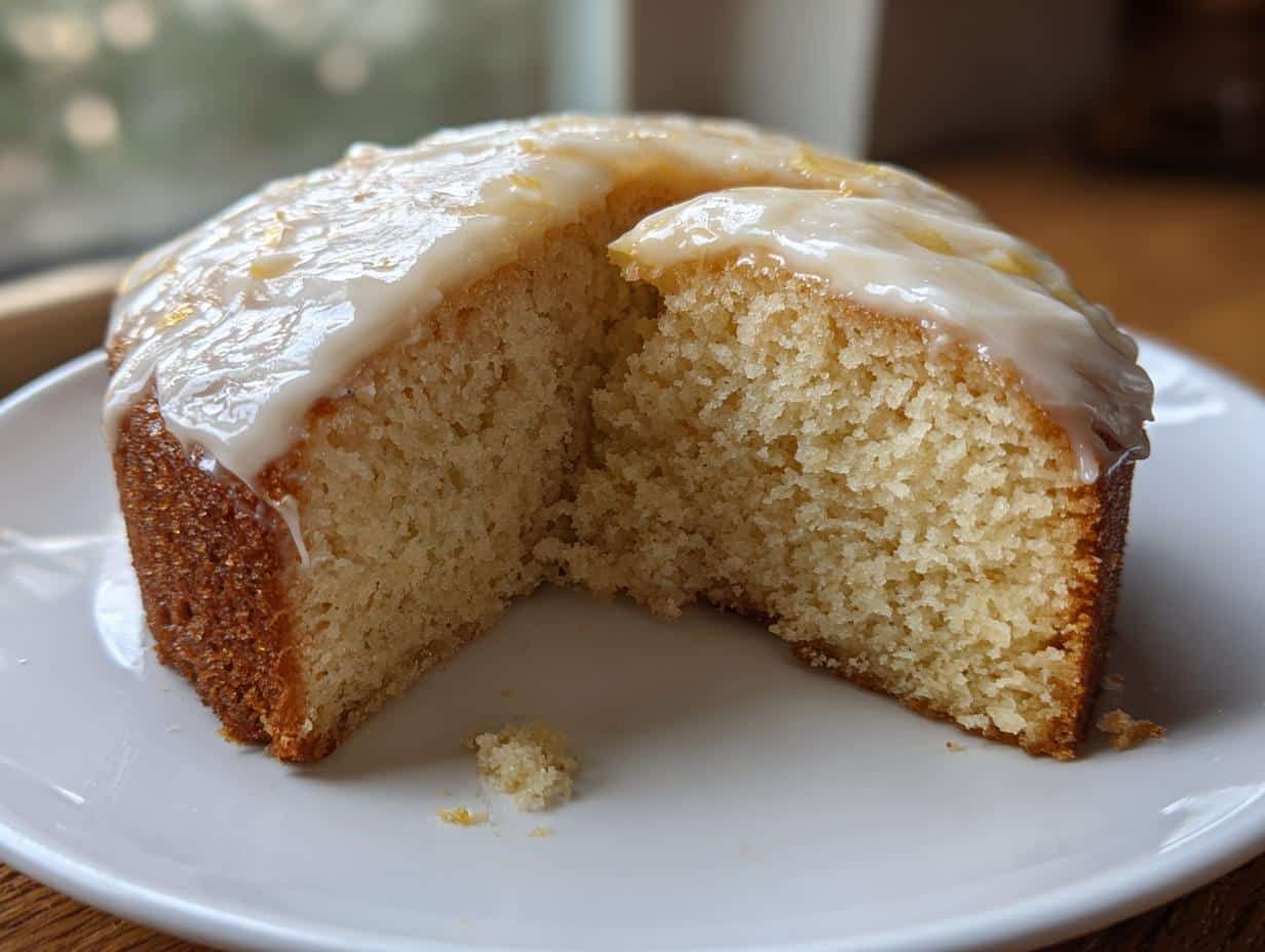 A slice of iced Rat cake on a white plate, showcasing the cake's texture and glaze.