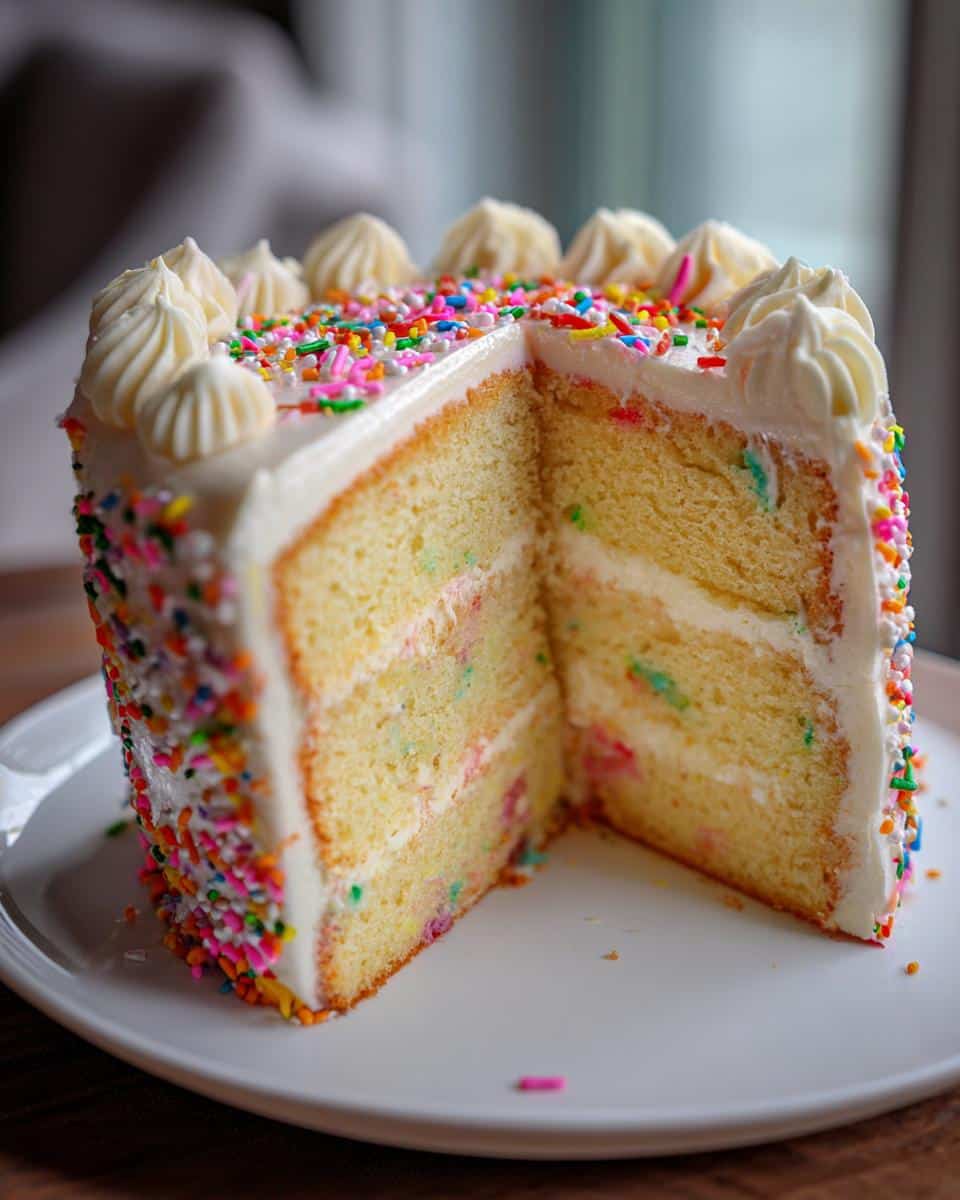 A slice of Rat cake with white frosting and colorful sprinkles, revealing layers of cake and cream.