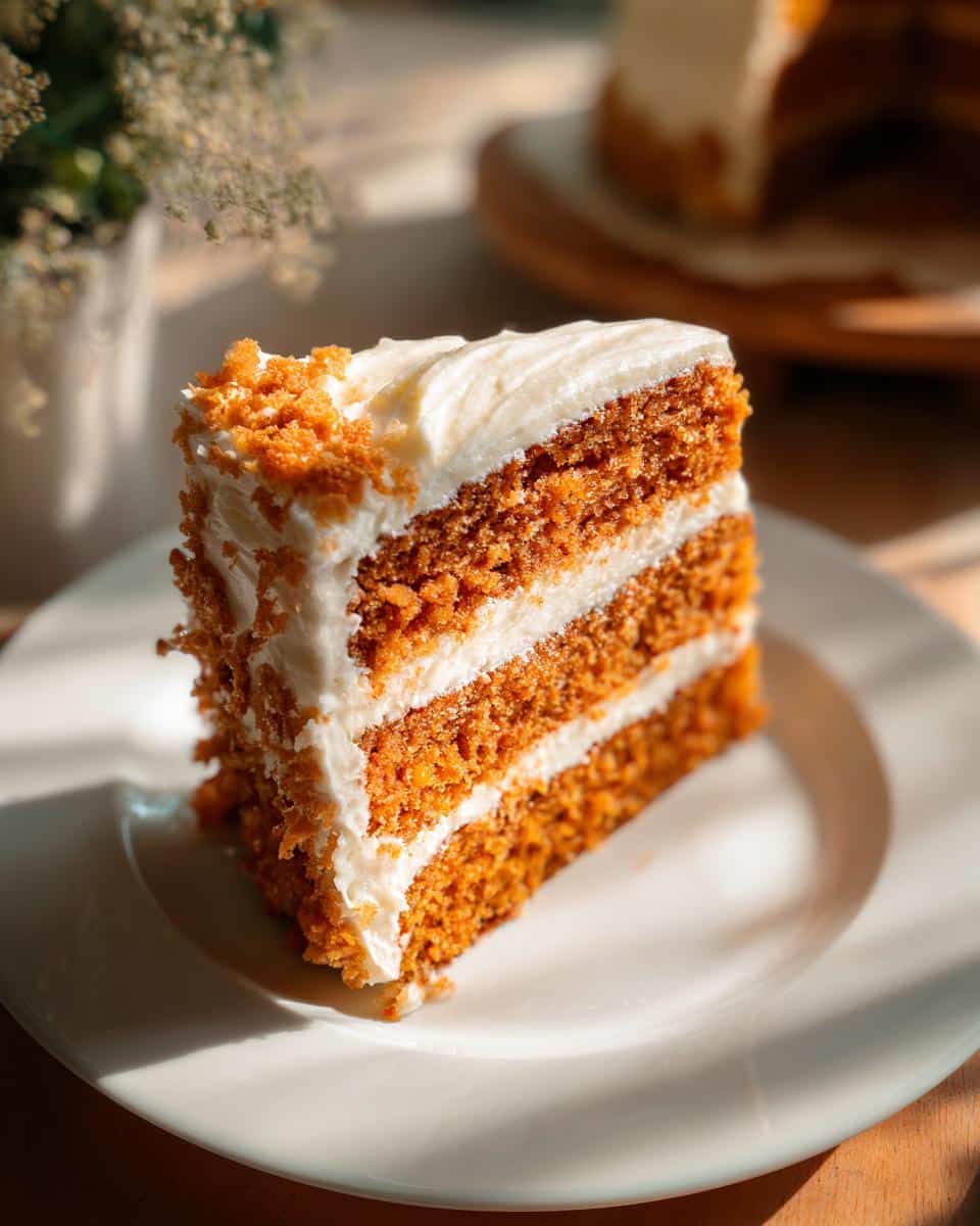 A delicious slice of Rat cake with layers of moist cake and creamy white frosting on a white plate.