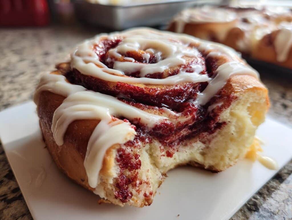 Close-up of a bite-taken Red Velvet Cinnamon Roll, drizzled with white cream cheese frosting.
