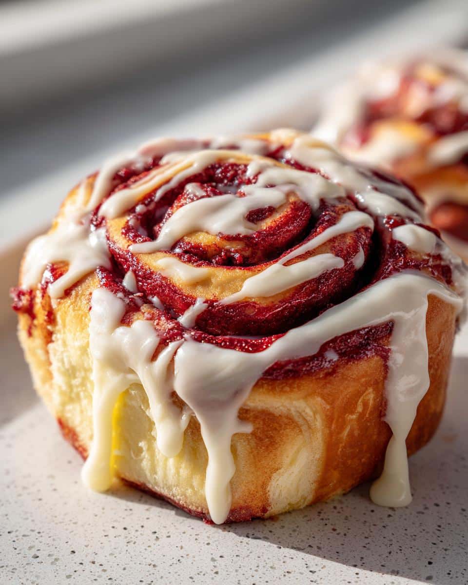 Close-up of a decadent Red Velvet Cinnamon Roll generously drizzled with cream cheese frosting.