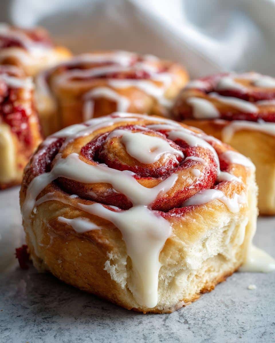 Close-up of a decadent Red Velvet Cinnamon Roll, generously drizzled with white icing.