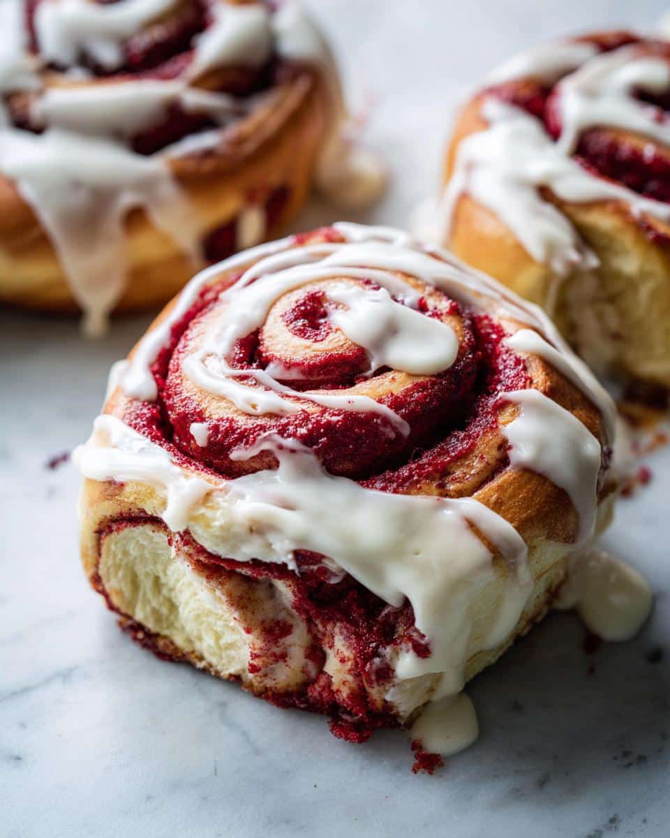 Close-up of a moist Red Velvet Cinnamon Roll drizzled with cream cheese icing.