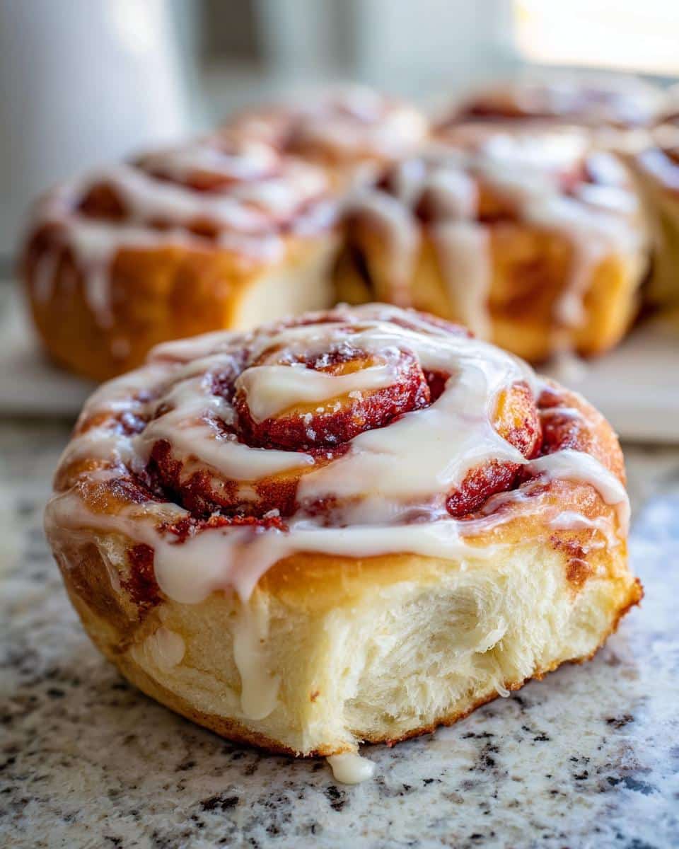 Close-up of a delicious Red Velvet Cinnamon Roll with white icing dripping down the sides.
