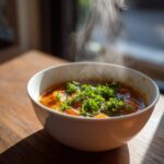 A bowl of steaming Roasted Carrot Soup, garnished with fresh parsley, sits on a wooden table.