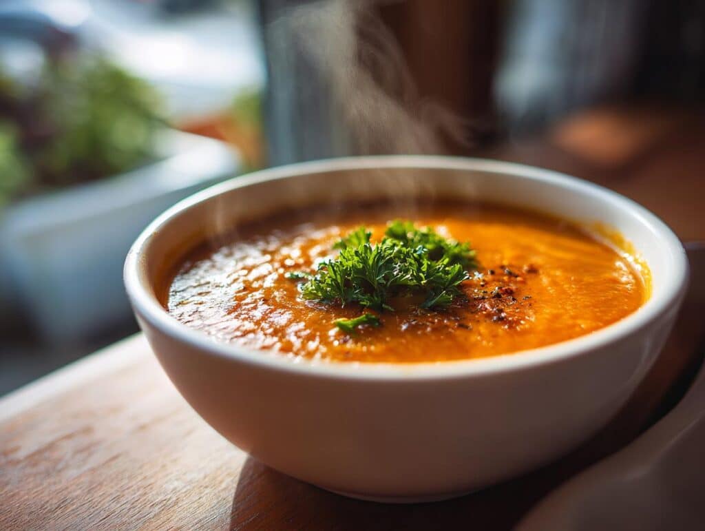 A bowl of vibrant Roasted Carrot Soup, garnished with fresh parsley, sits on a wooden surface.