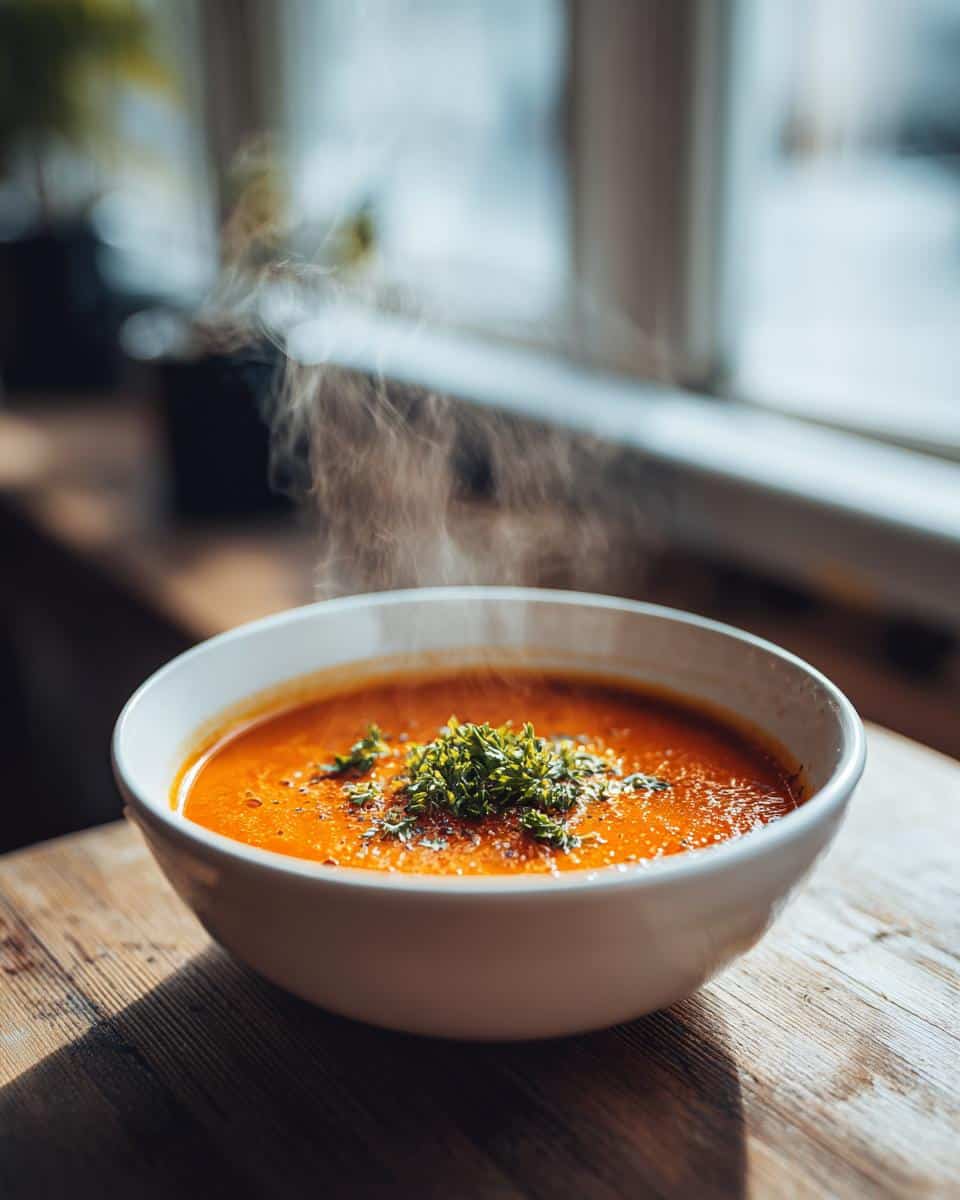 A bowl of steaming Roasted Carrot Soup, garnished with fresh herbs, sits on a wooden surface.