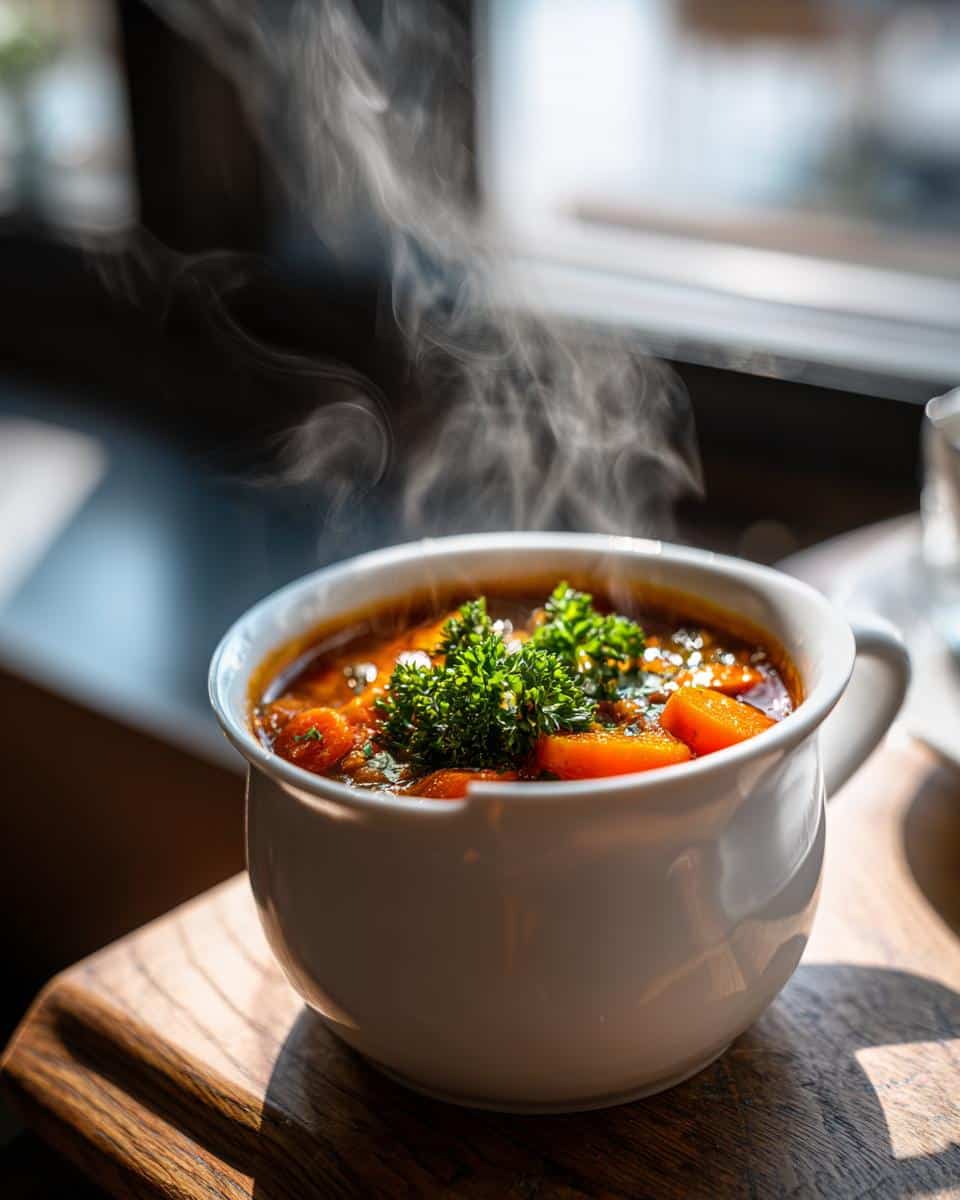 A bowl of steaming Roasted Carrot Soup garnished with fresh parsley, sitting on a wooden surface.