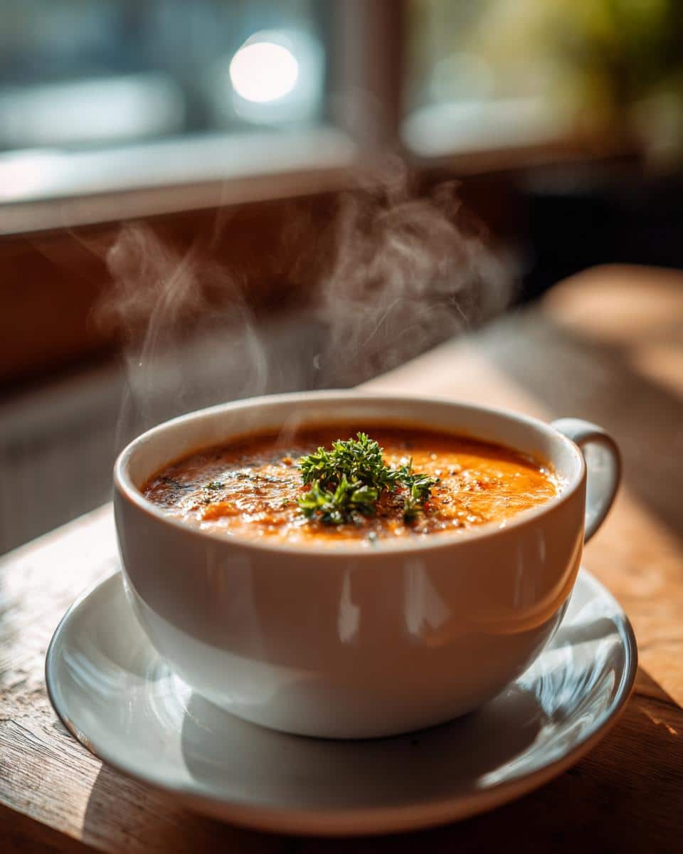 A steaming bowl of Roasted Carrot Soup, garnished with fresh herbs, sits on a saucer in a sunlit setting.