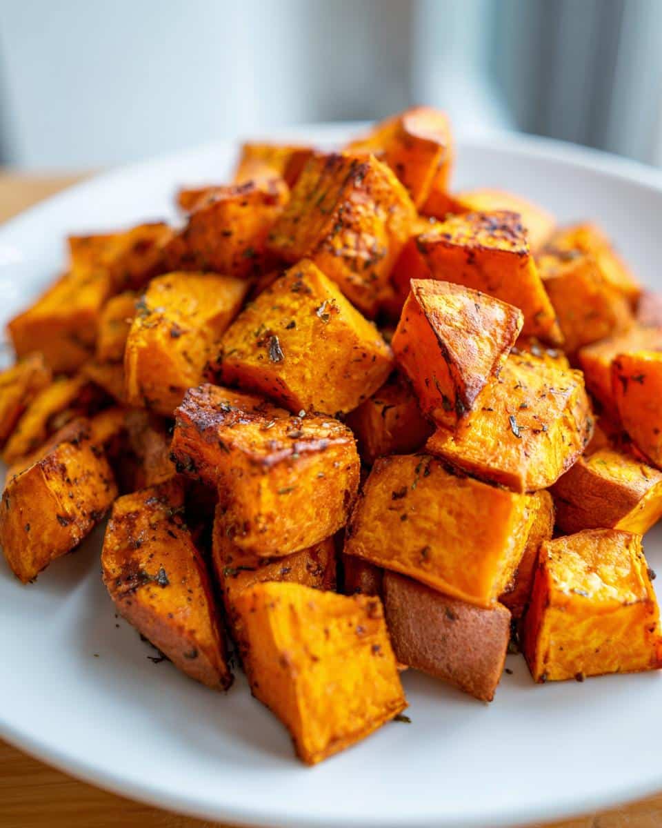 A close-up of a white plate filled with golden-brown roasted sweet potato cubes seasoned with herbs.