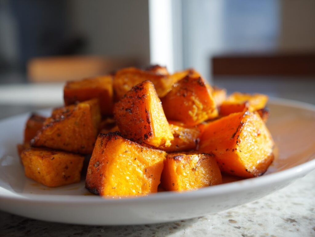 Close-up of a pile of tender, seasoned roasted sweet potato recipe cubes on a white plate.