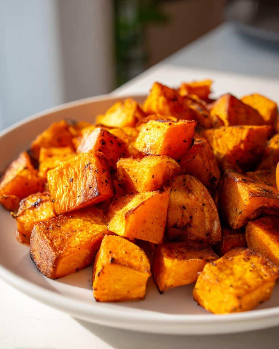 Close-up of a white bowl filled with perfectly roasted sweet potato cubes, seasoned and slightly caramelized.