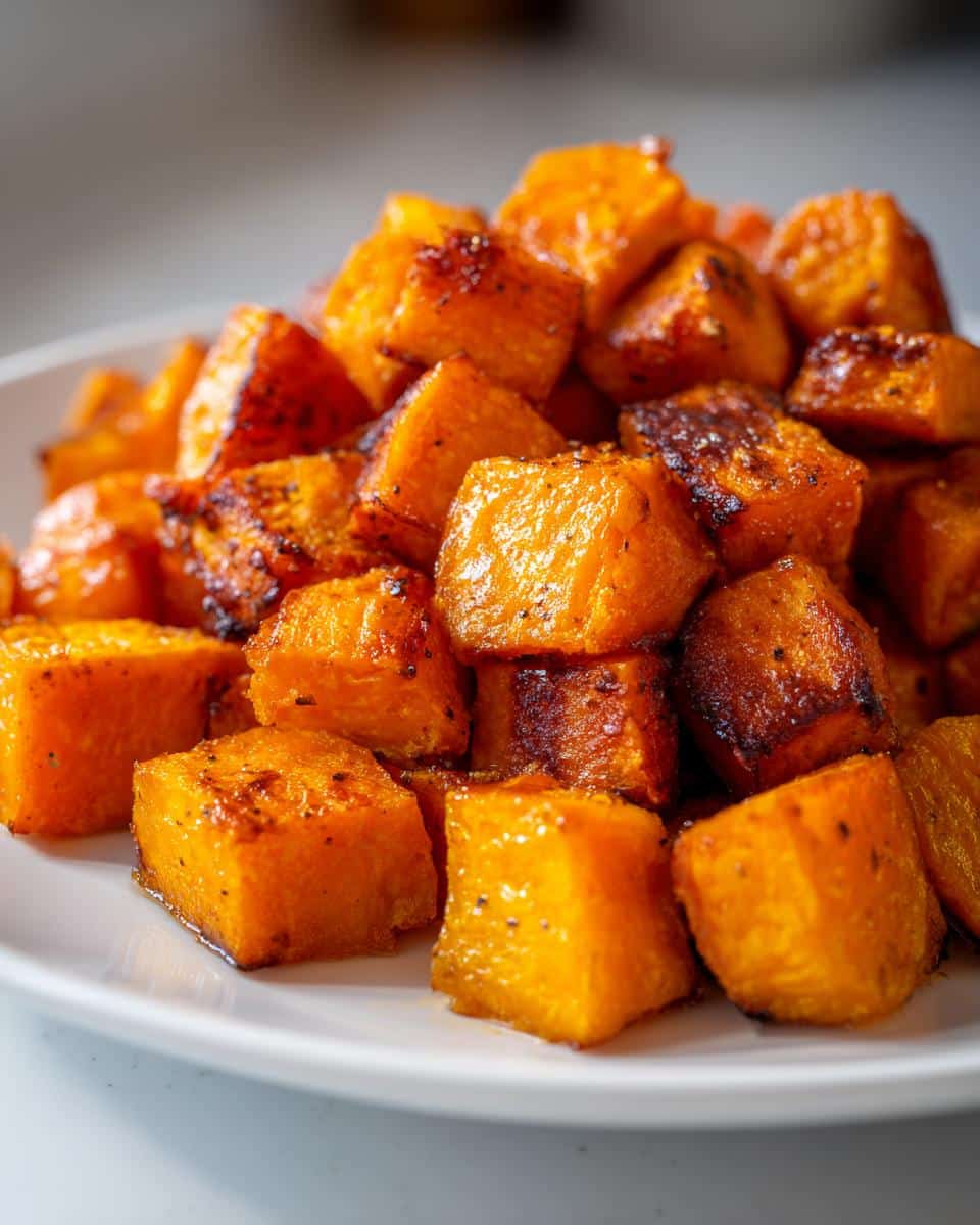 A close-up shot of a white plate filled with golden-brown roasted sweet potato cubes, seasoned with pepper.
