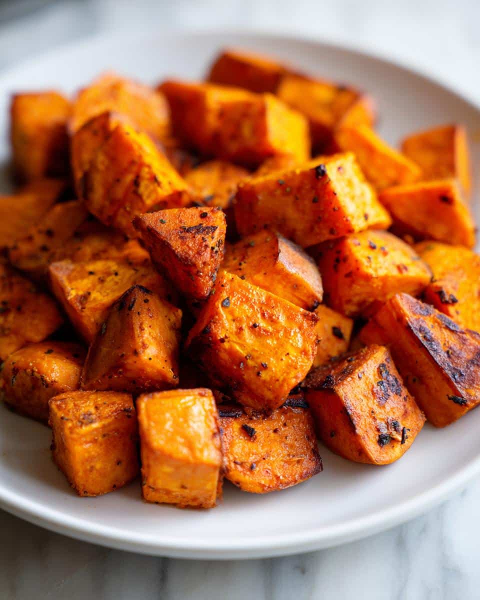 Close-up of perfectly roasted sweet potato cubes seasoned with spices, ready to serve.