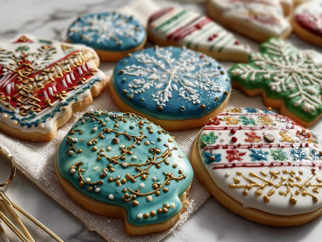 A close-up of various beautifully decorated royal icing Christmas cookies, featuring snowflake, tree, and ornament designs.
