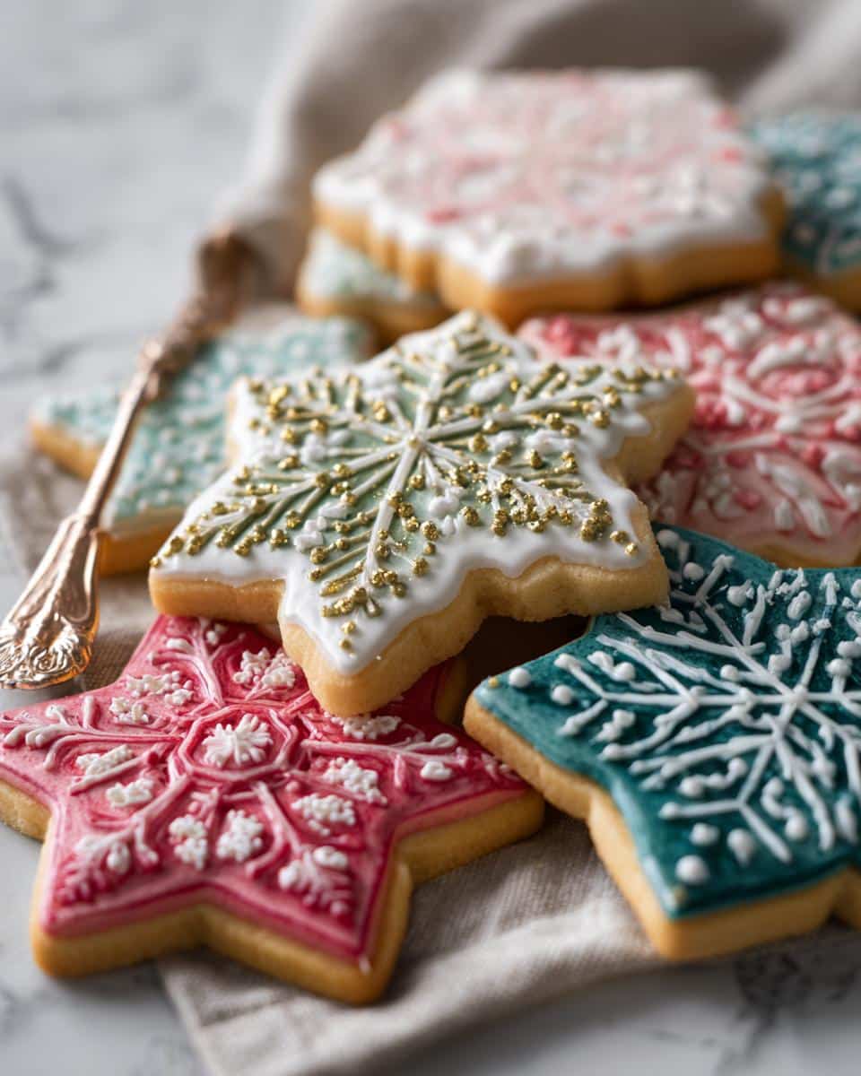 A close-up of festive royal icing Christmas cookies in snowflake and star shapes, decorated in red, teal, and white.