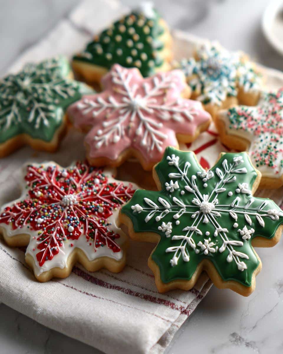 A collection of beautifully decorated royal icing Christmas cookies in snowflake and tree shapes, featuring festive colors and sprinkles.
