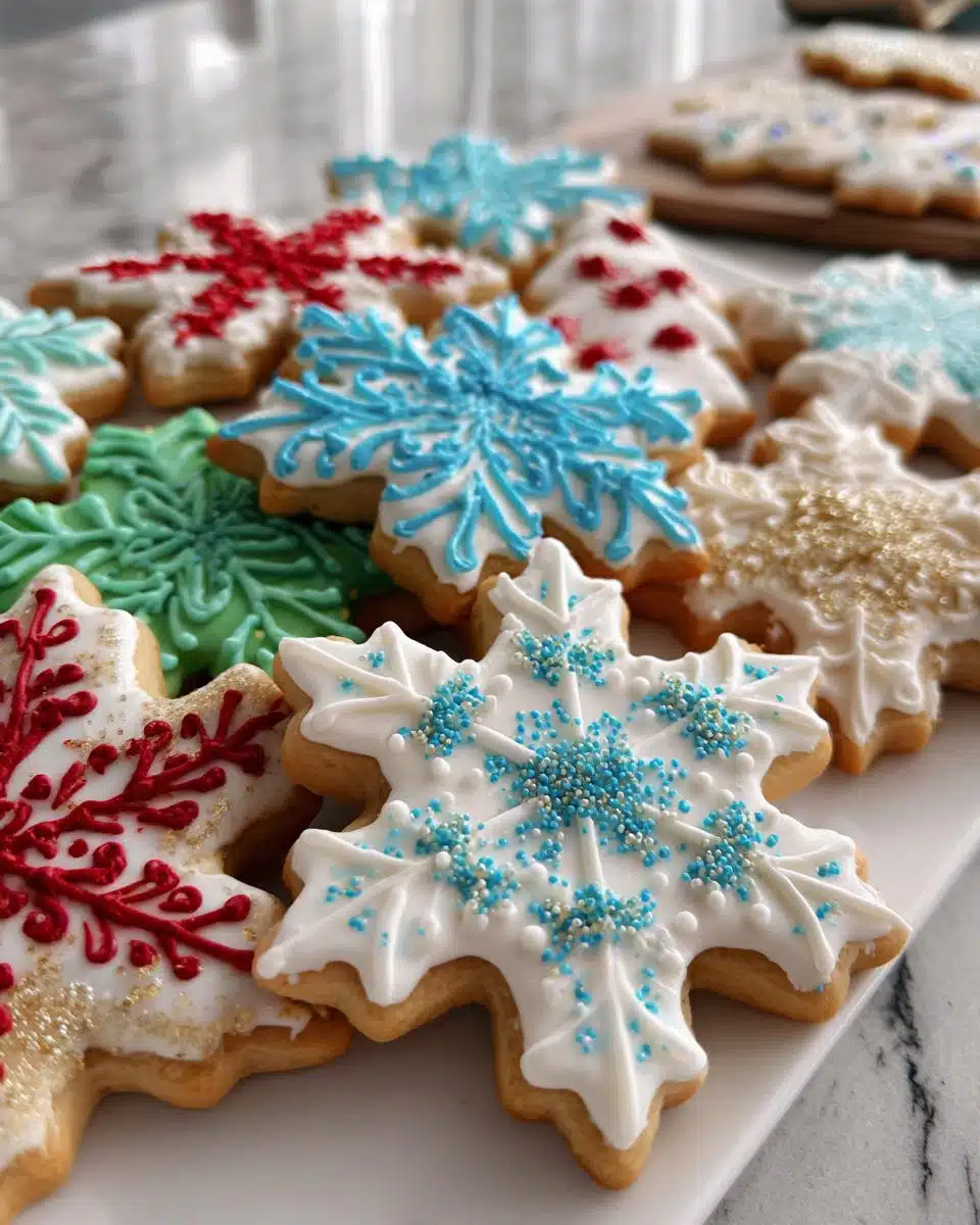 A close-up of various snowflake-shaped royal icing Christmas cookies decorated with white, blue, red, and green icing and sprinkles.