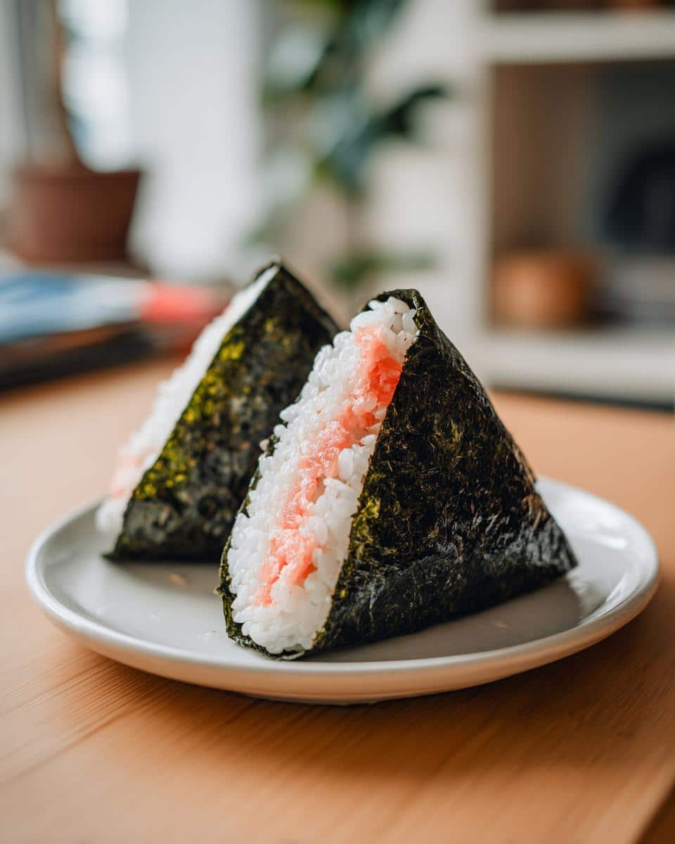 Two salmon Onigiri rice balls wrapped in nori seaweed on a white plate, ready to eat.